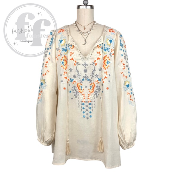 Andree By Unit Embroidered Boho Floral Peasant Flowers Tunic Shirt Blouse Top - Picture 10 of 10